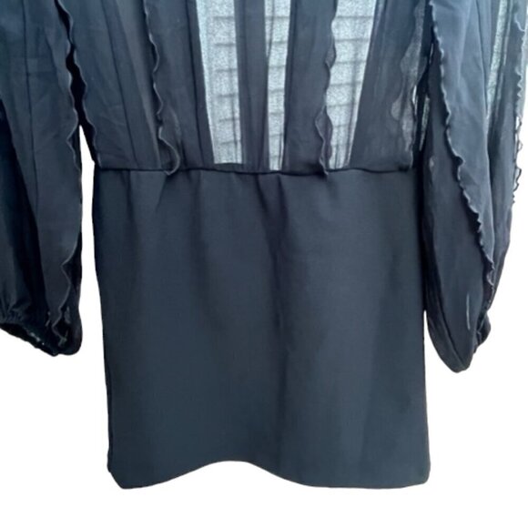 ZARA NWOT Chiffon Ruffled Black Mini Dress Long Sleeve Round Neck Size Medium - Picture 5 of 14